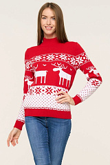 Свитер женский с оленями красный